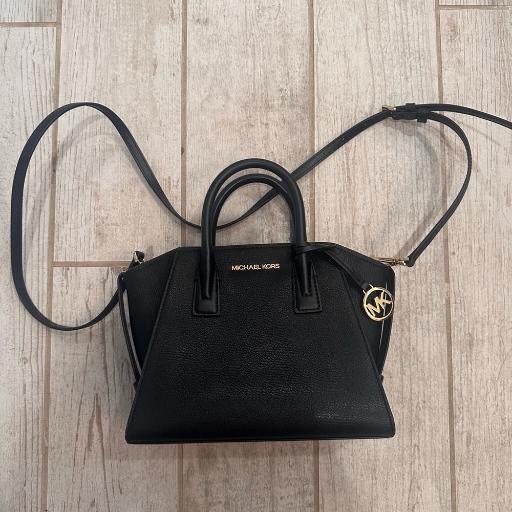 Michael Kors Black Pebbled Leather Satchel with Gold Logo Charm